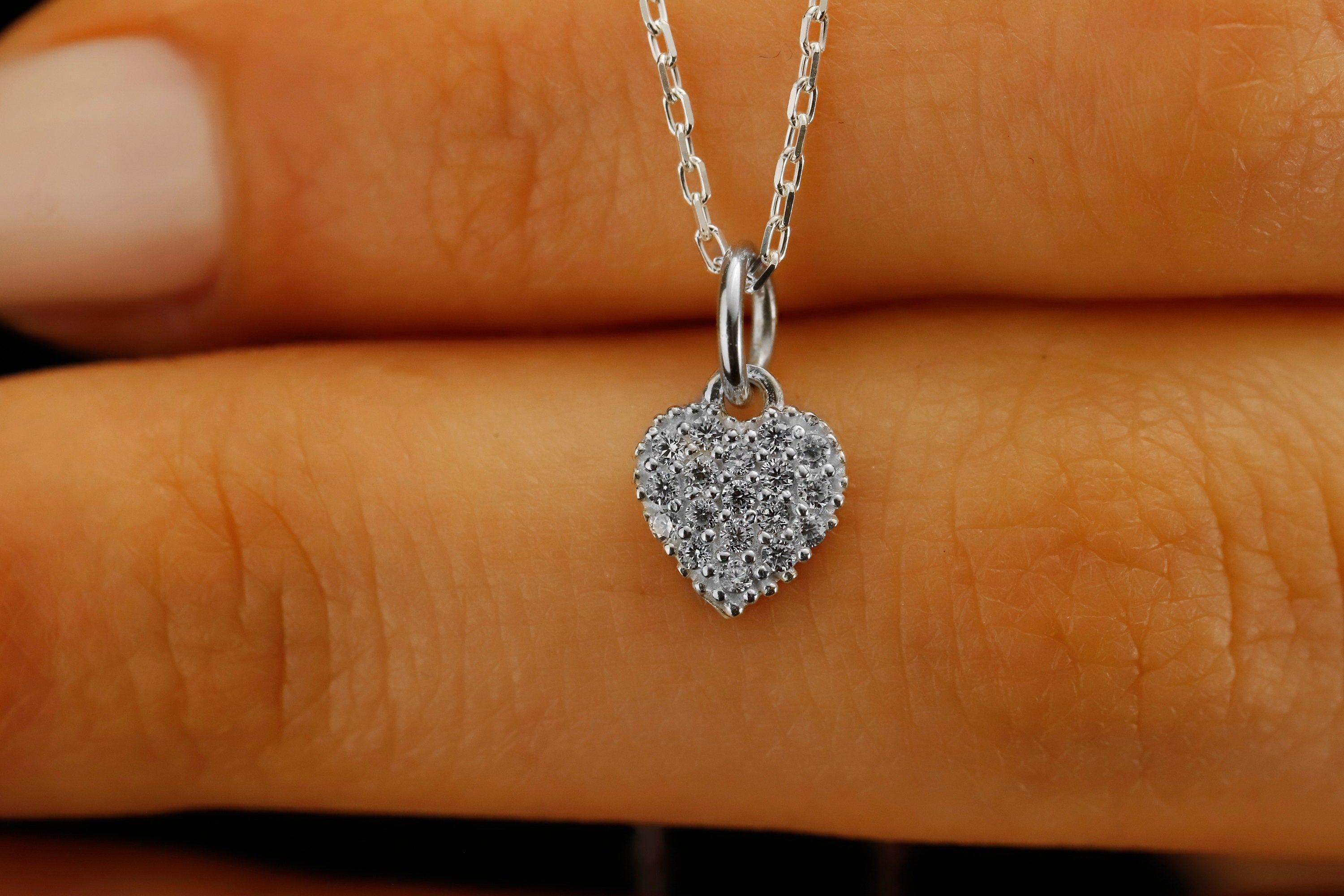 Heart Charm Necklace with Sparkling CZ Diamonds in 925 Sterling Silver