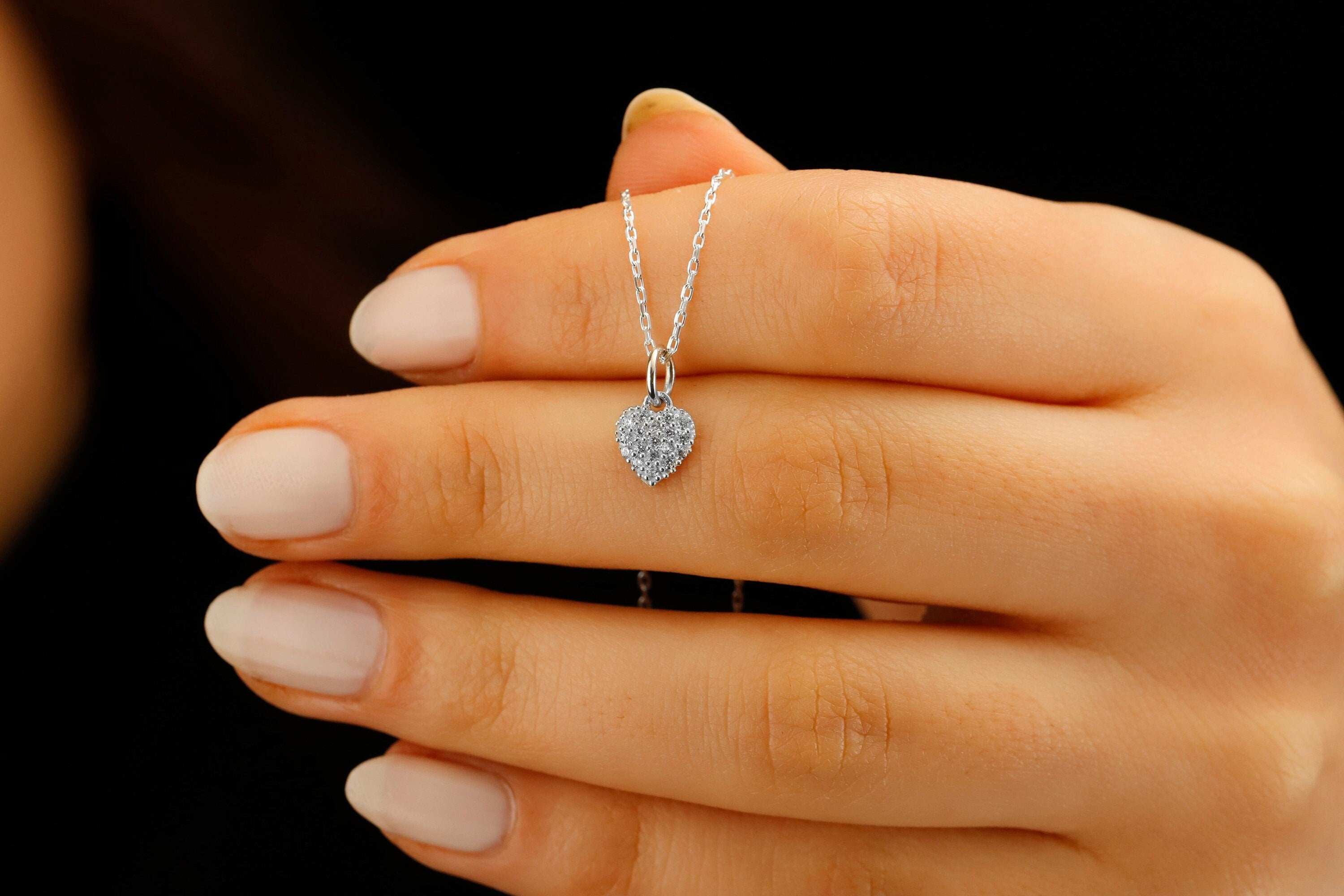 Heart Charm Necklace with Sparkling CZ Diamonds in 925 Sterling Silver