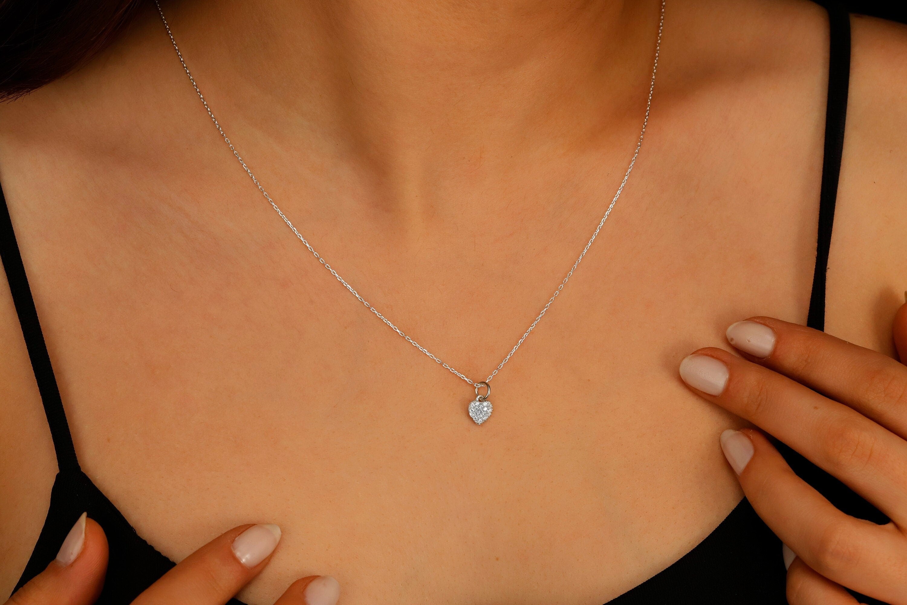 Heart Charm Necklace with Sparkling CZ Diamonds in 925 Sterling Silver